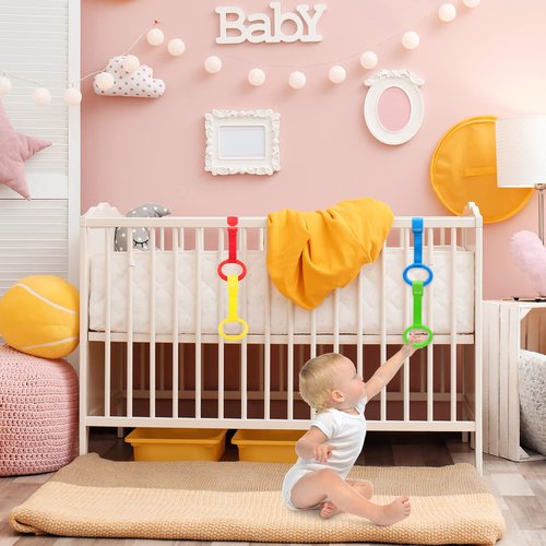 KALAMANDA 4 PCS Baby Playpen Pull Up Rings, Pull Up Handles Standing Walker Crib Pull Rings for Toddler Kids Children Walking Training Tool(Yellow/Red/Blue/Green)