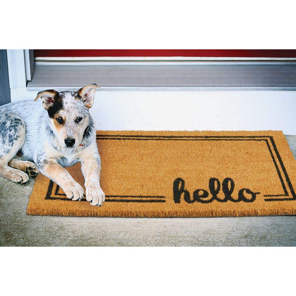 mDesign Rectangular Coir and Rubber Entryway Welcome Doormat with Natural Fibers for Indoor or Outdoor Use - Decorative Script Hello Design - Natural/Black