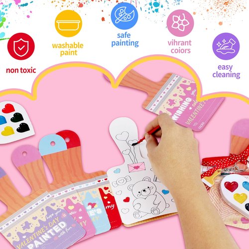 GKLTVB 24 Sets Valentines Day Gifts for Kids,Valentines Cards with Watercolor Paint Bulk and keychain,School Classroom Exchange Gifts for Party Favors