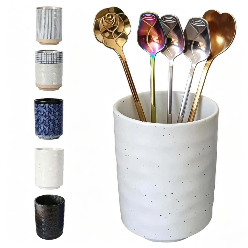TOPYOKK Stoneware Coffee Bar Utensil Holder Tea & Coffee Spoon & Stirrer Holder for Stir Stick Straw Teaspoon Holder Spoon Cup Small Utensil Jar (Spotted White)