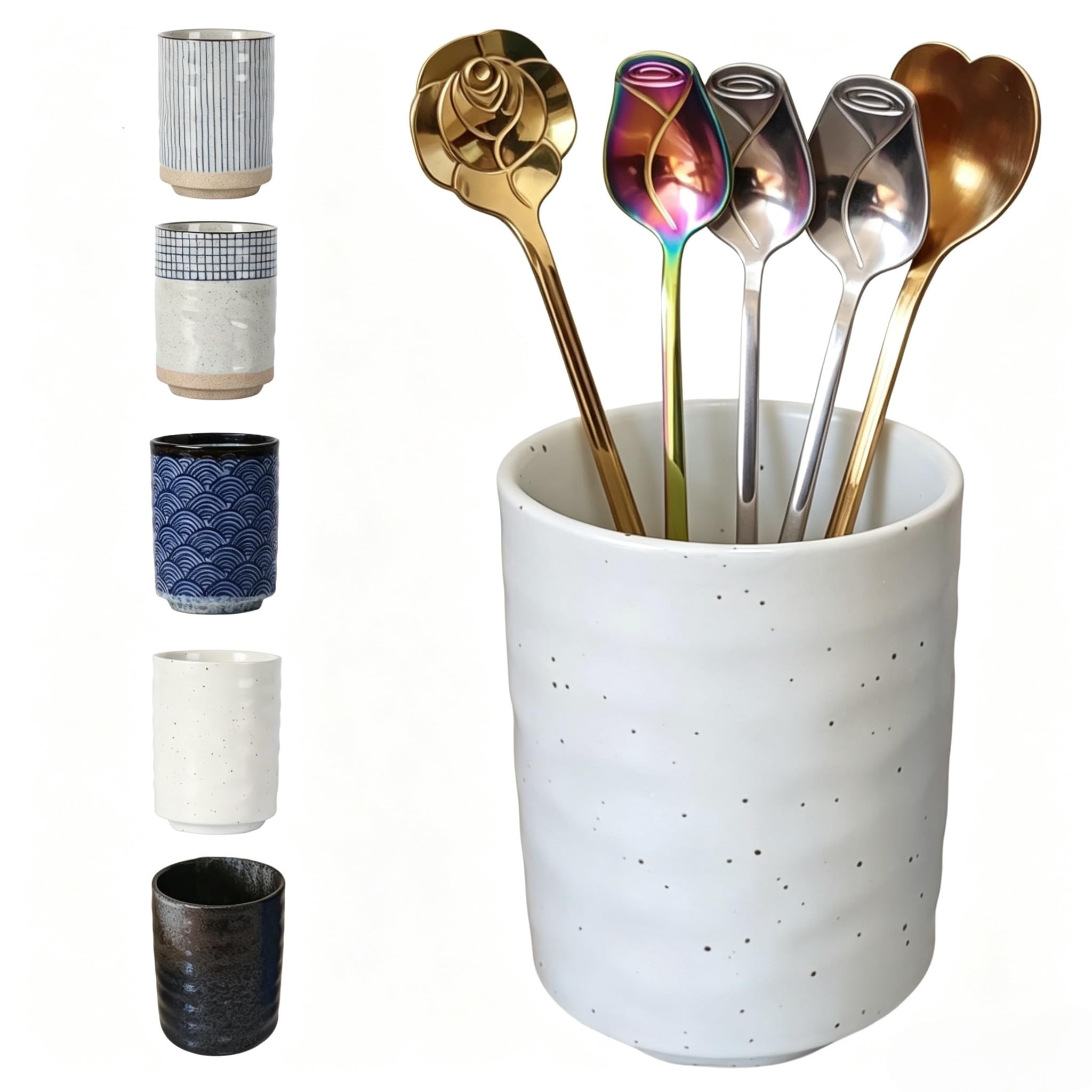 TOPYOKK Stoneware Coffee Bar Utensil Holder Tea & Coffee Spoon & Stirrer Holder for Stir Stick Straw Teaspoon Holder Spoon Cup Small Utensil Jar (Spotted White)