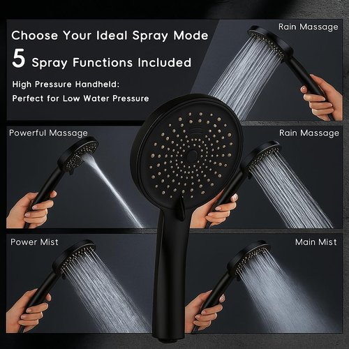 Peicuai Shower Head Combo, 10-Inch High-Pressure Rainfall Shower Head with 11-Inch Adjustable Extension Arm, 5-Setting Matte Black Handheld Shower with Long Hose, Powerful Spray for Low Water Pressure