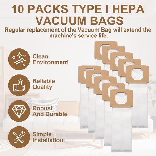 10 Pack AH10005 SH10000 UH30010COM Type I HEPA Vacuum Cleaner Bags Replacement Compatible With Hoover Platinum Type I Canister Vacuum Cleaner，Canister Vacuum Bags For Hoover UH30010COM UH30010CCA