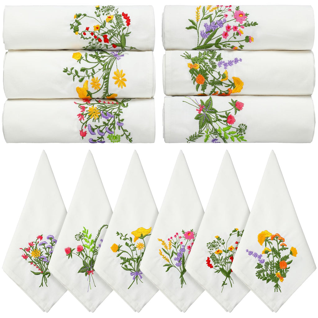 Tioncy 18 Pcs Floral Embroidery Napkins 18" Embroidery Flower Linen Cotton Napkin Bulk for Wedding Tea Cocktail Spring Flower Birthday Party Table Centerpiece Mexican Kitchen Curtain Decor (White)