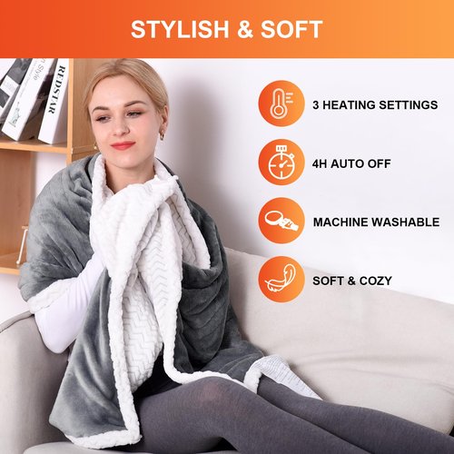 Comfytemp Wearable Heated Blanket- 70" x 23" Electric Shawl Throw Wrap for Women, Warm for Mom Wife, 3 Heat Settings & 4H Auto Off, Over-Heat Protection, Machine Washable Soft Flannel