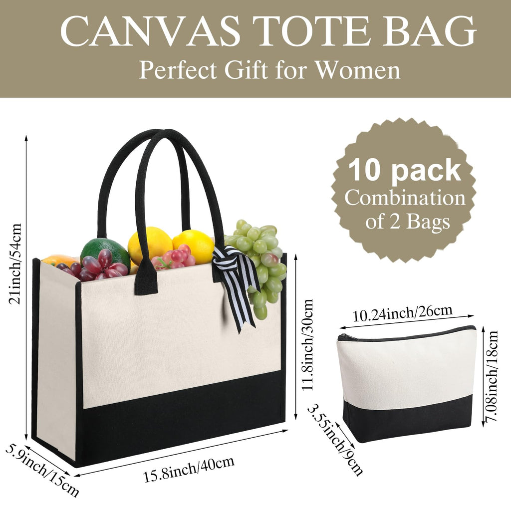 Sanwuta 20 PCS Canvas Tote Bag with Inner Zipper Pockets and Makeup Bag Bulk Christmas Birthday Teacher Appreciation Gifts for Women Bridesmaid Mother