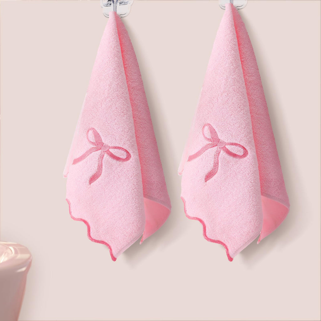 SmoothNovelty 2 Pcs Fingertip Towels for Bathroom 12 x 18 Inch Small Fingertip Towels with Scalloped Pink Bow Design Embroidery Coquette Bow 100% Cotton Soft Absorbent Guest and Housewarming Gift