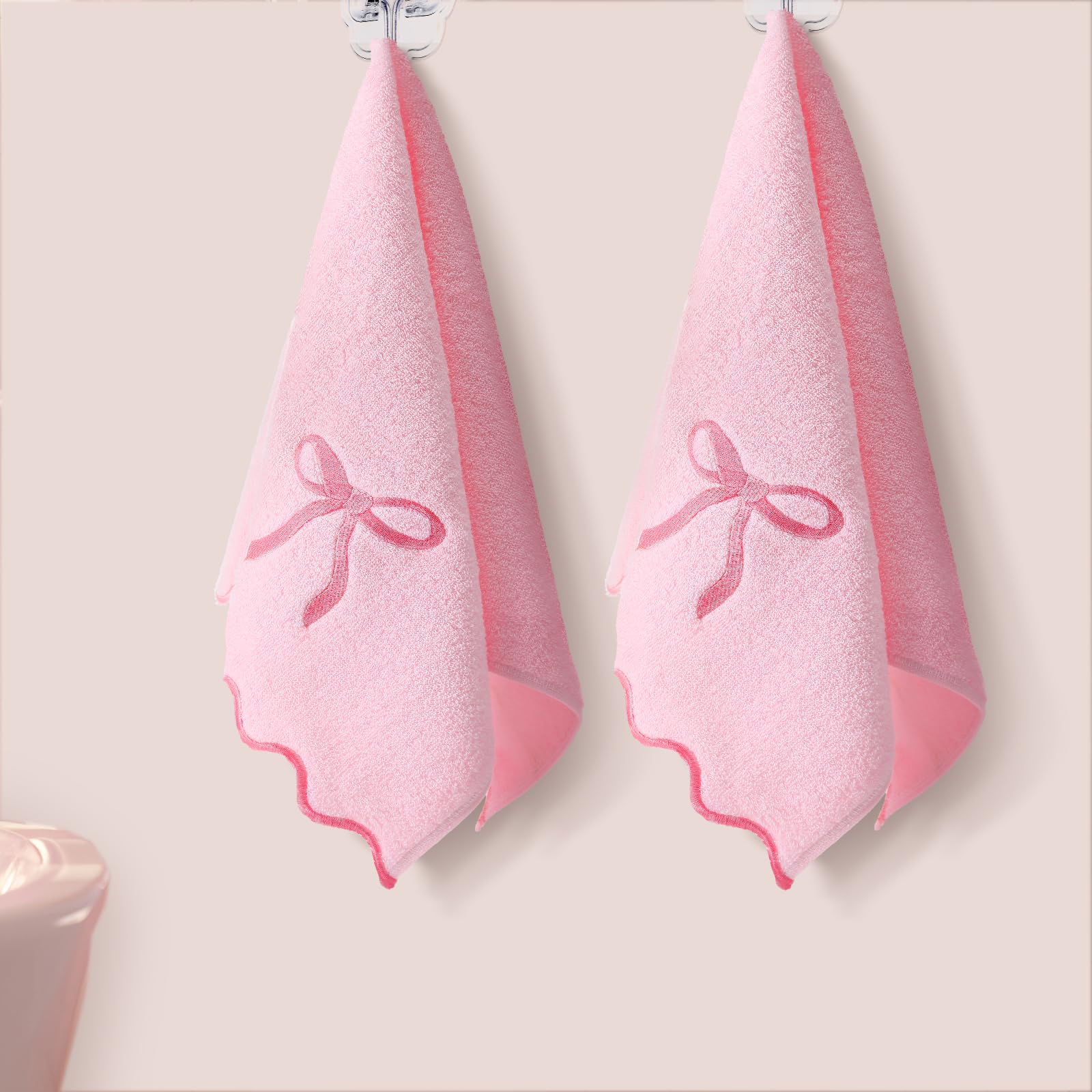 SmoothNovelty 2 Pcs Fingertip Towels for Bathroom 12 x 18 Inch Small Fingertip Towels with Scalloped Pink Bow Design Embroidery Coquette Bow 100% Cotton Soft Absorbent Guest and Housewarming Gift