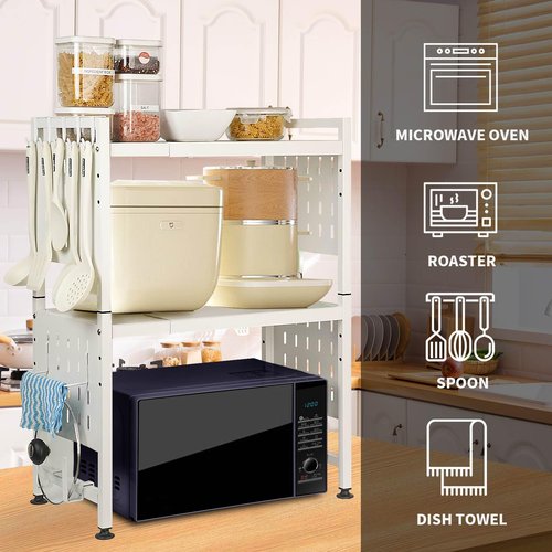 loyalKBS Expandable Microwave Stand Countertop, 3 Tier Heavy Duty Over Microwave Shelf Countertop with 4 Hooks, Height Adjustable Metal Microwave Oven Rack Shelf for Kitchen Tabletop,Holds 160lb,White