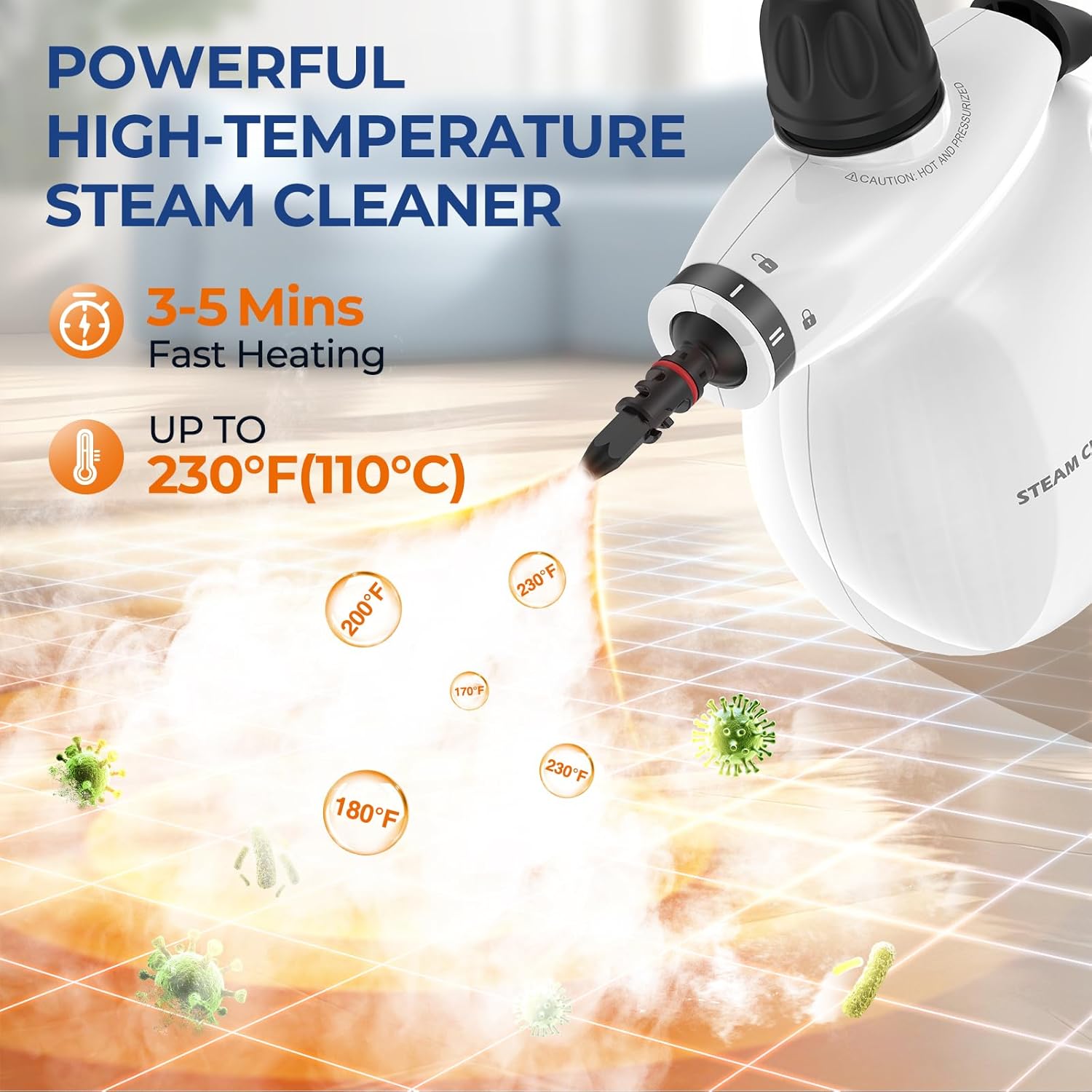 Skiennix Steam Cleaner - Pressurized Handheld Deep Cleaning Steamer with 13 Accessories | Portable Multi-Purpose for Home, Car, and Upholstery - White