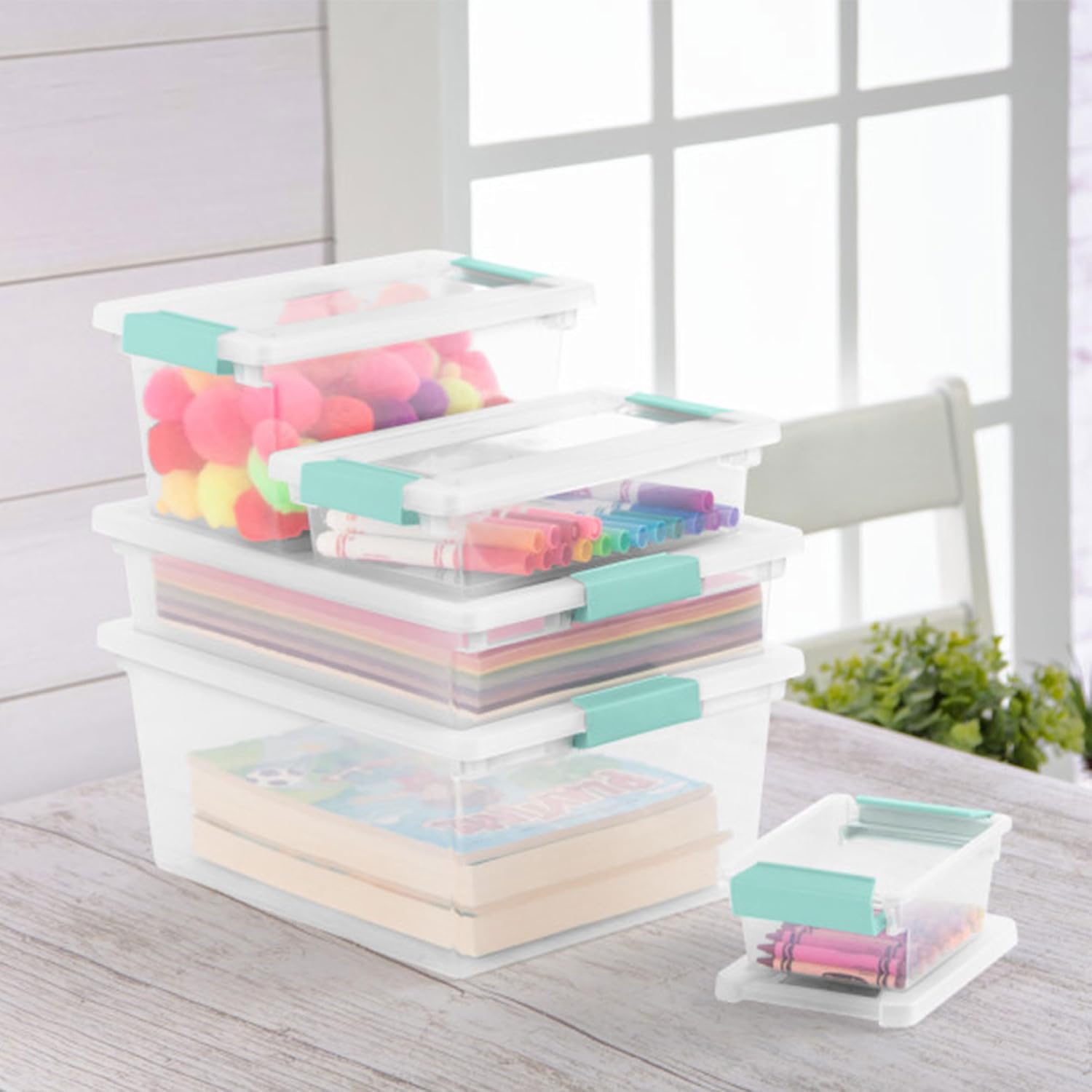 Sterilite 6-Pack Clip Box - Stackable Clear Plastic Bins with Latching Lids for Arts & Crafts Storage