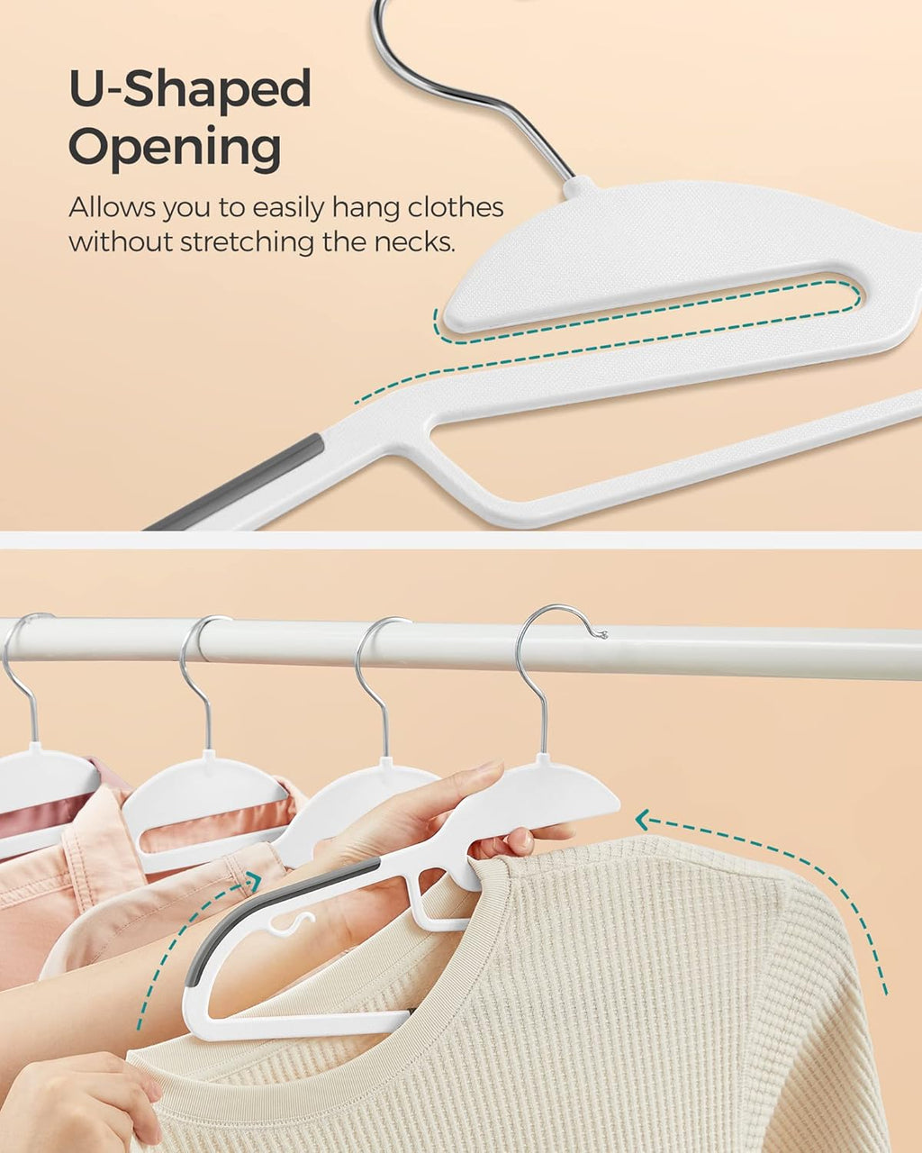 SONGMICS Heavy-Duty Plastic Coat Hangers - Space-Saving Design with 360º Swivel Hook | 16.3 Inches Wide, Cloud White & Dark Gray