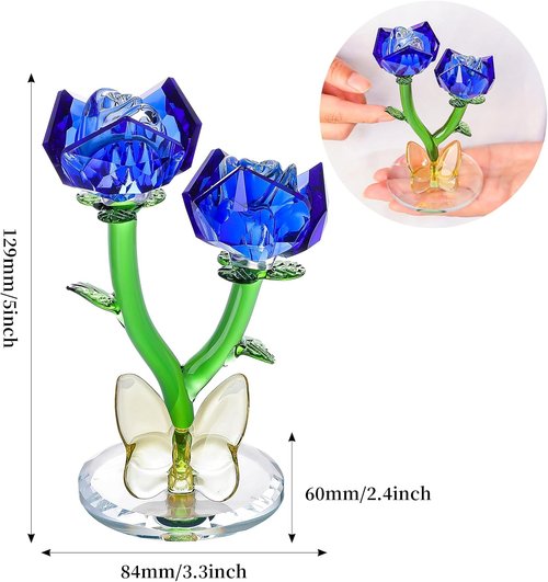 LONGWIN Crystal Blue Rose Flower Figurine - Elegant Glass Spring Bouquet Home Decor Gift for Her
