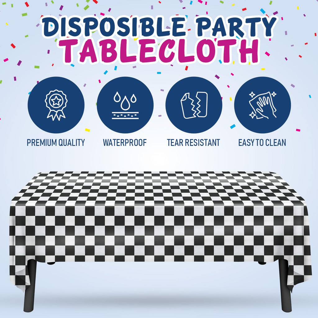 Clearly White and Black Checkered Plastic Tablecloth Roll with Cutter, 423 Sq.Ft (52"x1181") Extra Large Disposable Plastic Table Cloth for Parties, Events and Outdoor Gatherings