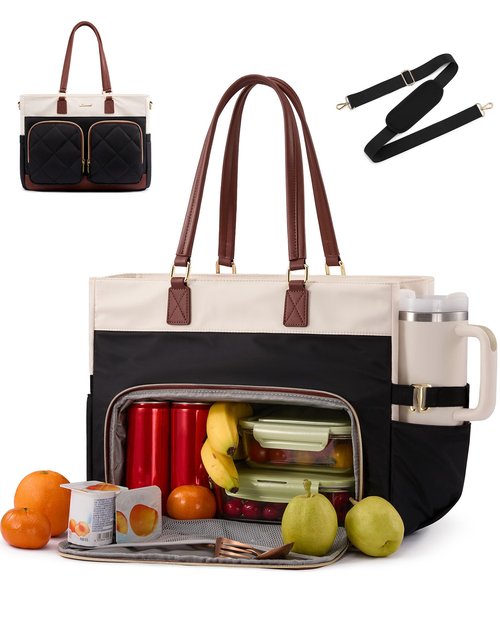 LOVEVOOK Lunch Tote Bag for Women, Work Bag with Insulated Lunch Compartment, 15.6 Inch Laptop Tote with Cup Holder for Teacher, Office, Black & Brown