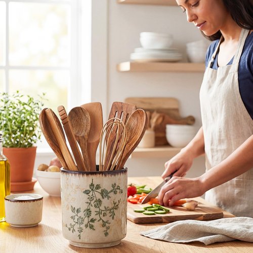 Teecyhooo Rustic Ceramic Utensil Holder for Kitchen Counter 5.5" Floral Utensils Crock Tuscany Countertop Cooking Tools Elegant Storage Caddy for Spatula Spoon Farmhouse Decor Housewarming Gift