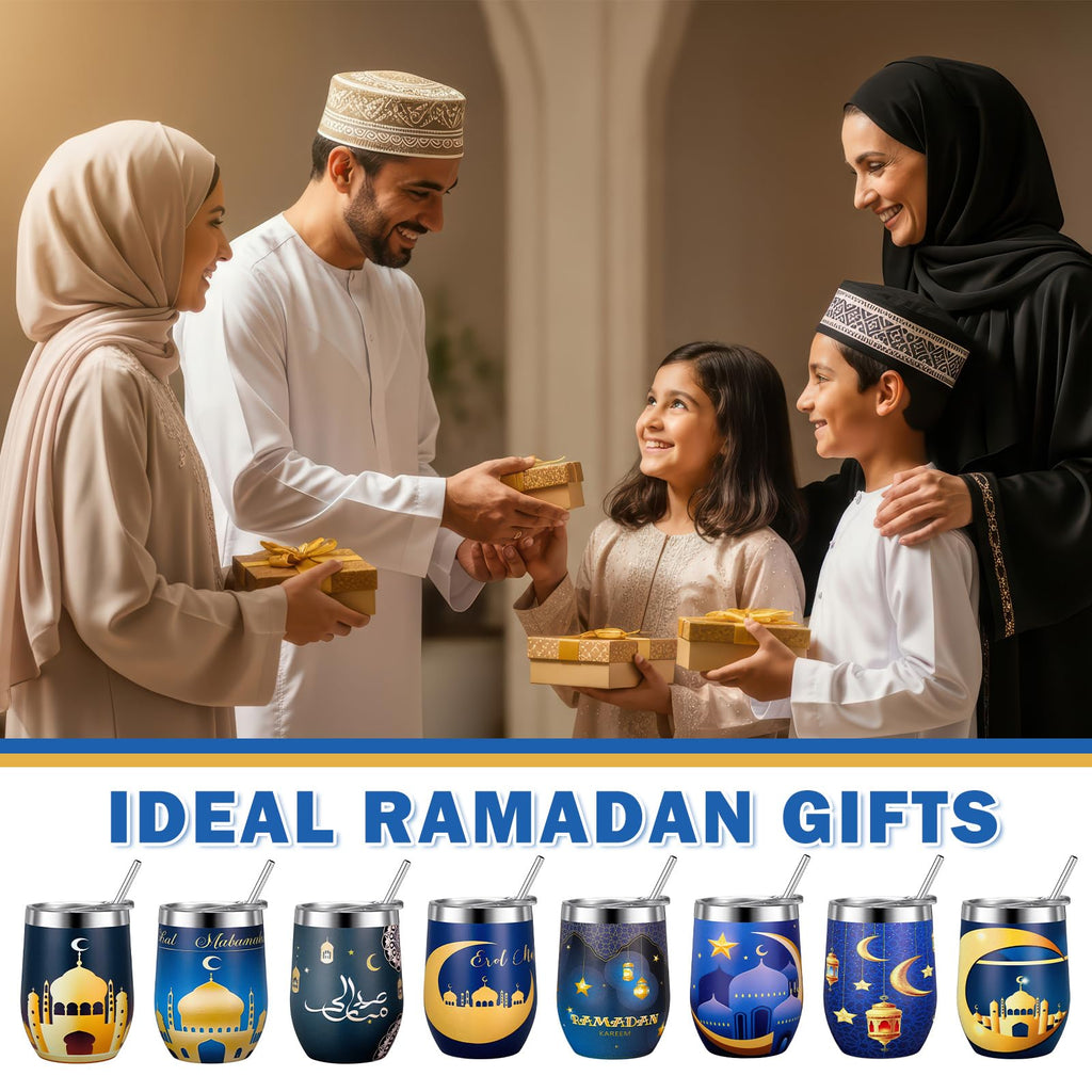 Sliner 8 Pcs Ramadan Mubarak Gifts Islamic Eid Tumbler with Lid 12oz Stainless Steel Muslim Gifts Mug Tumbler Double Insulated Coffee Cup Travel Mug for Muslim Islam Festival Holiday Favors