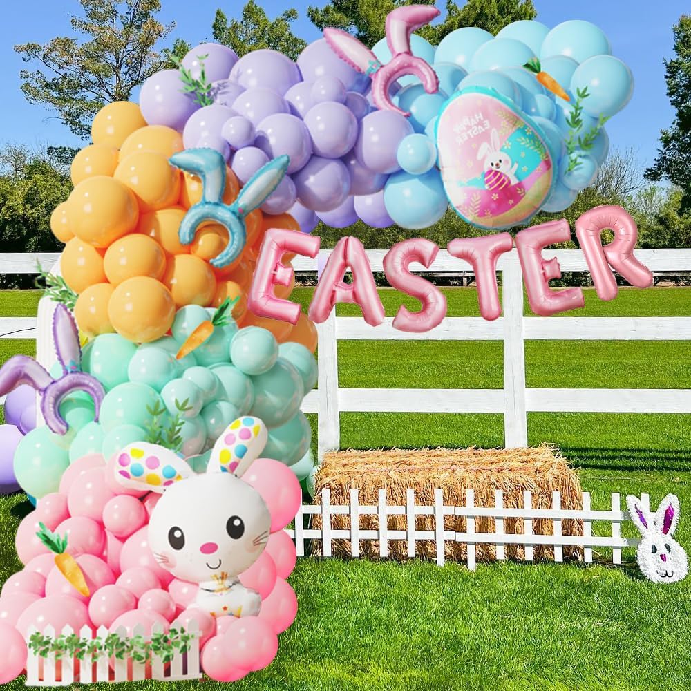 Pastel Balloon Arch Kit by Easter - 145PCS with Bunny Ear Headband & Foil Balloons for Spring Celebrations