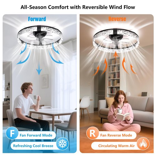 Aphyni Ceiling Fans with Lights and Remote, Crystal-Edged Modern Flush Mount LED Fan Light, 6 Wind Speeds Low Profile Fandelier Ceiling Fan with Light for Bedroom, 3000-6500K Dimmable (19.7" Black)