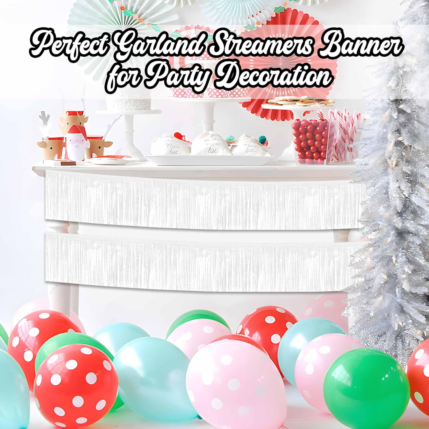 Macaron | 10 Ft White Foil Fringe Garland - Metallic Tinsel Banner for Party Decorations
