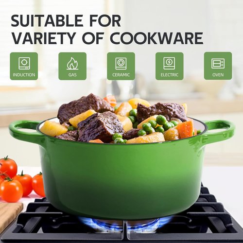 6 Quart Enameled Cast Iron Dutch Oven by [Brand Name] - Versatile Round Pot with Dual Handles - Oven Safe to 500°F (Green)