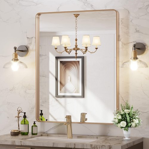 LOAAO Gold Bathroom Mirror - 28”X36” Rounded Rectangle Design | Wall-Mounted, Anti-Rust Tempered Glass