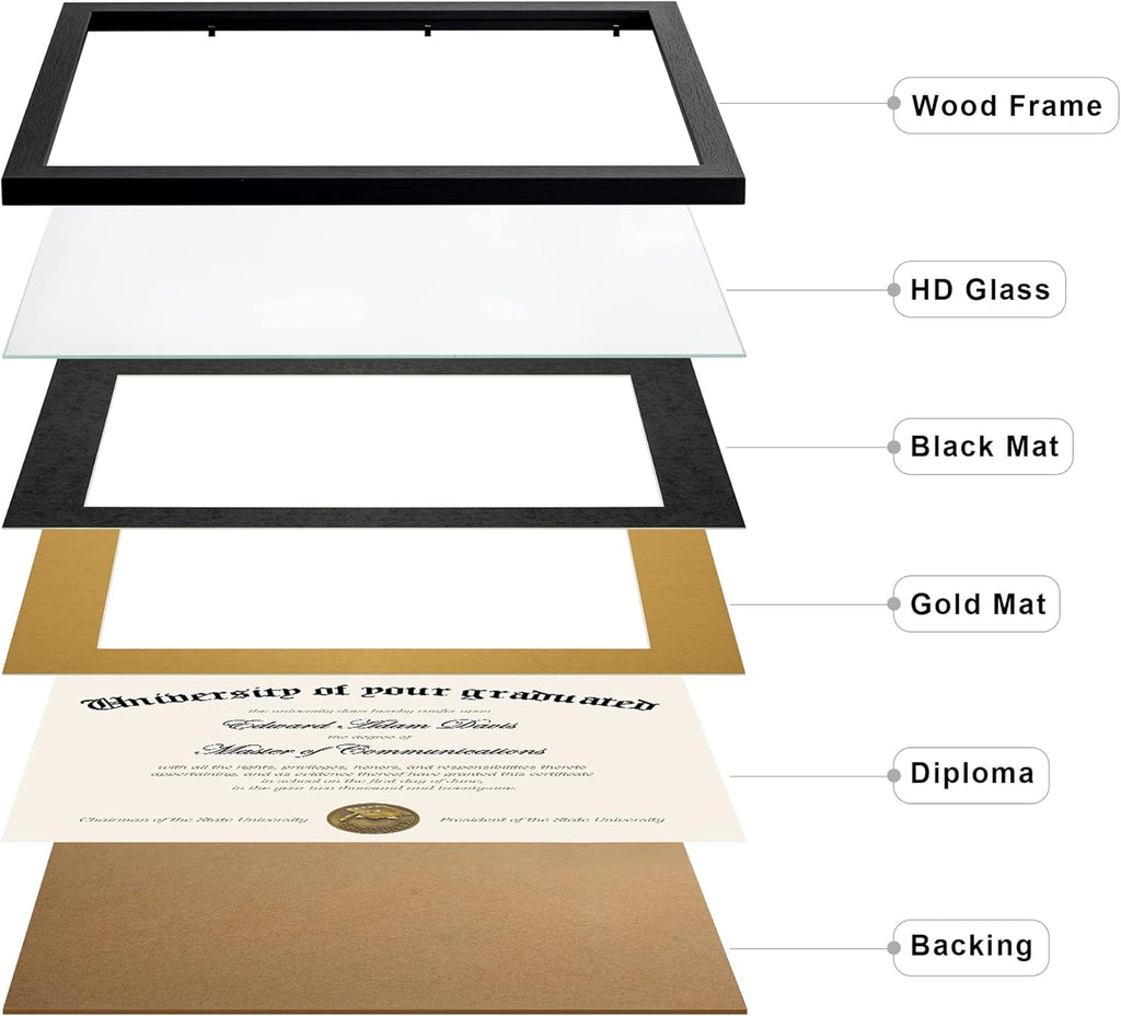 Upsimples 11x14 Diploma Frame - High Definition Glass with Black Double Mat for Wall/Tabletop Display