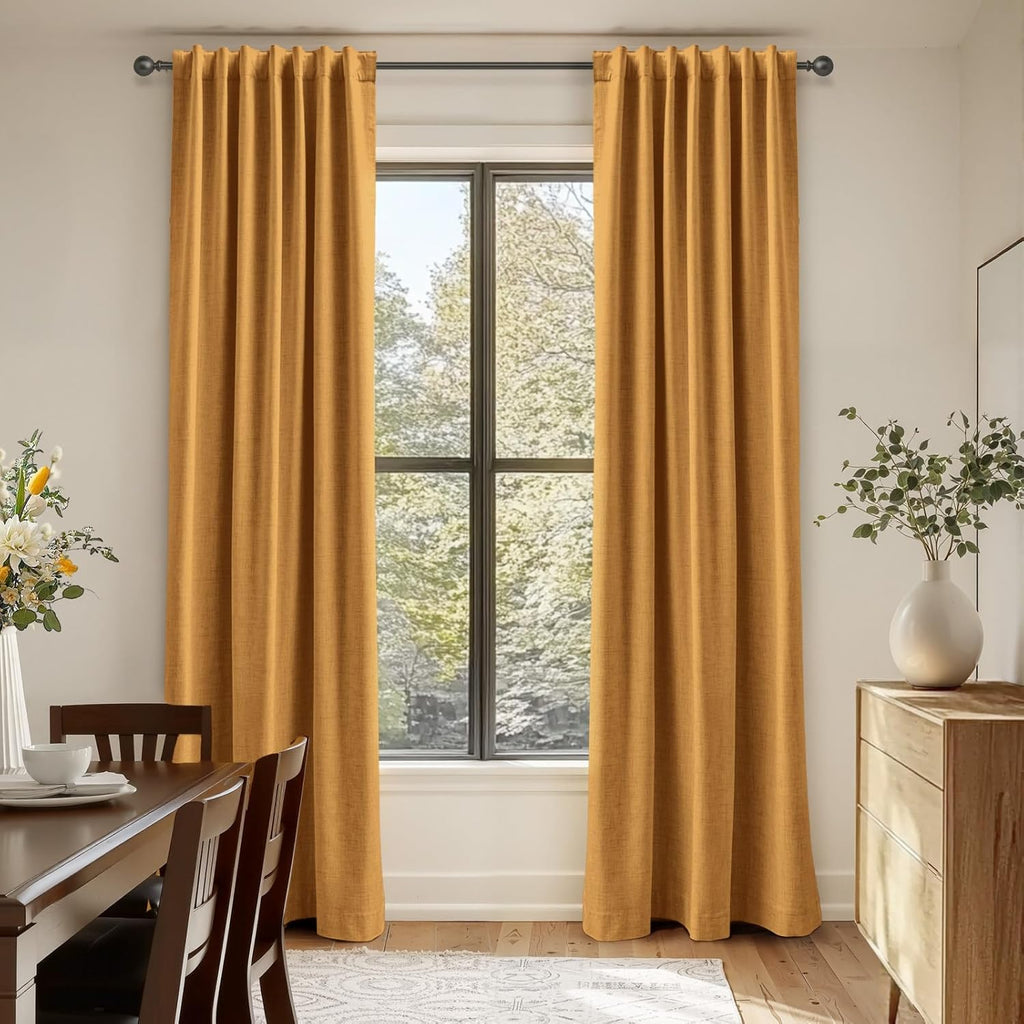 Skiennix 100% Blackout Linen Curtains - Thermal Insulated Drapes, 84" Long, Mustard Yellow, 2 Panels Set
