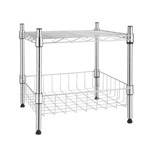 Simple Deluxe 2-Tier Shelving Unit, 15" W x 15" D x 13.8" H Wire Metal Storage Rack with Basket, Chrome