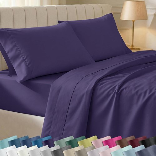 California Design Den Queen Size Cotton Sheet Set - 400 TC Silky Smooth Sateen Weave, Deep Pockets, Breathable - Purple
