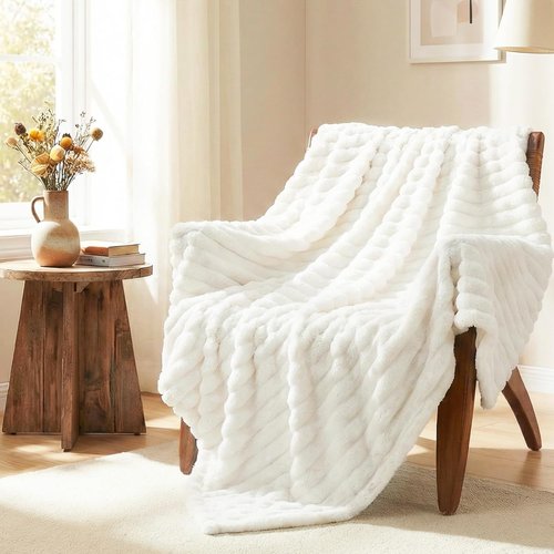 HIMEET Off White Ribbed Queen Size Blanket - 300GSM Lightweight Fleece for Cozy Home Decor | 90x90 Inches