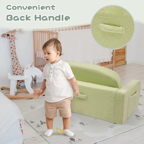 Foryoomi Extra Wide Kids Couch, 2-in-1 Soft Toddler Couch with Blanket, Comfy Toddler Chair, Convertible Sofa with Cute Colorful Rainbow Design, Green