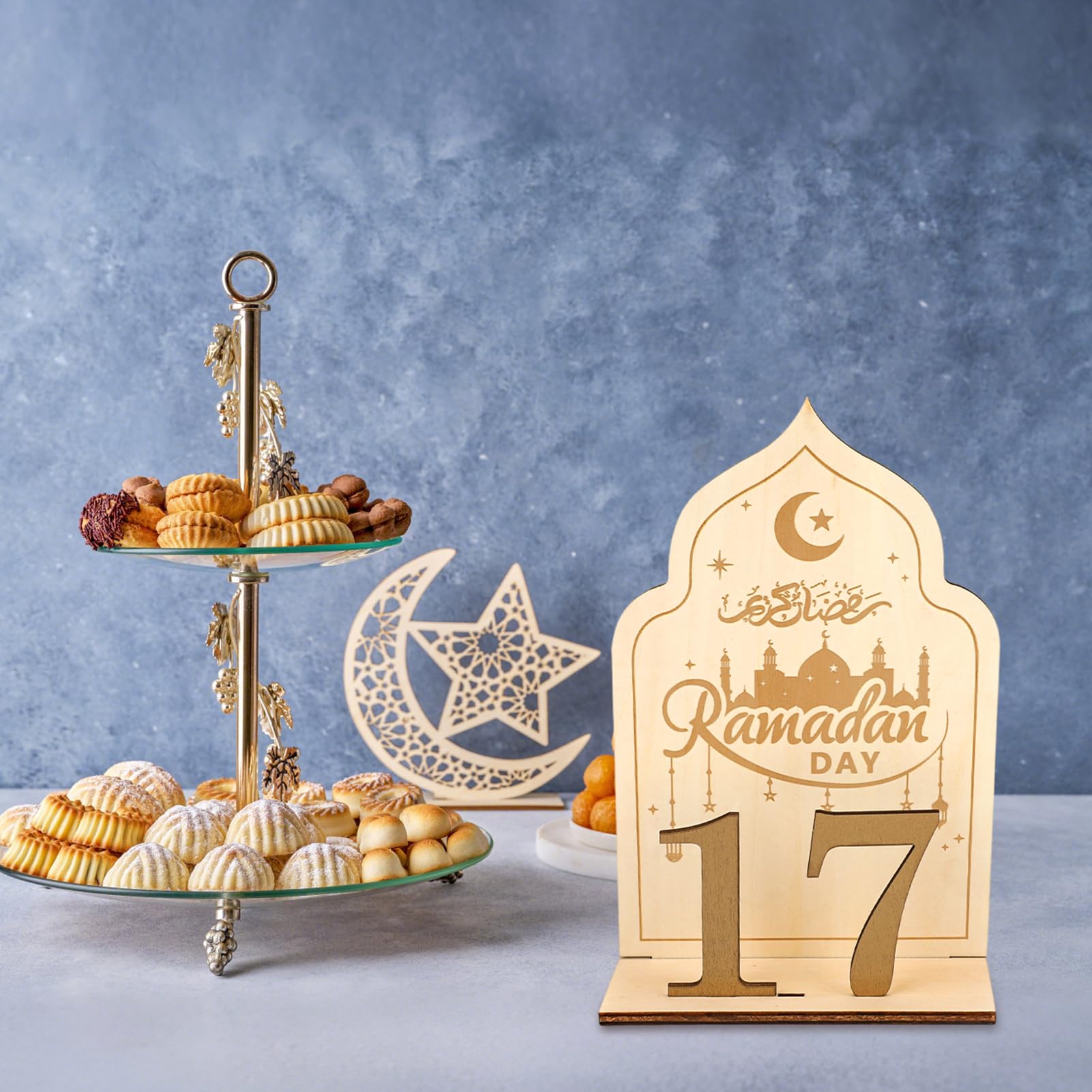 HOWAF Wooden Ramadan Advent Calendar, Ramadan Countdown Calendars with 30 Days Til Eid, Reusable Ramadan Decorations for Home, Islamic Eid Table Decorations for Gift, Moon & Mosque Design