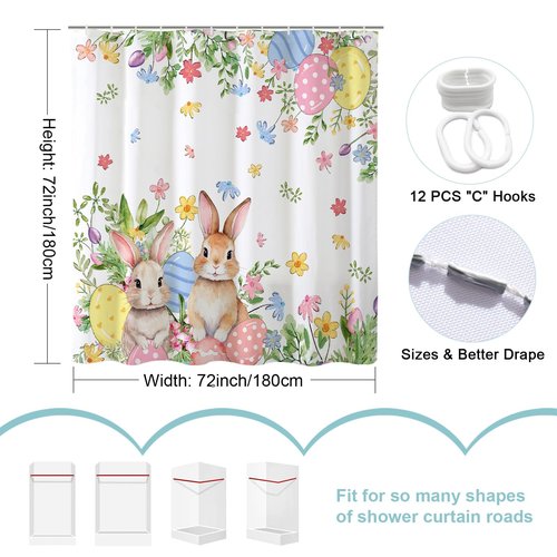 Baccessor Easter Bunnies Eggs Shower Curtain,Cute Rabbits Spring Flowers Shower Curtain Bathroom Bath Home Decor Waterproof Polyester Fabric with Hooks 72 W x72 H Inch