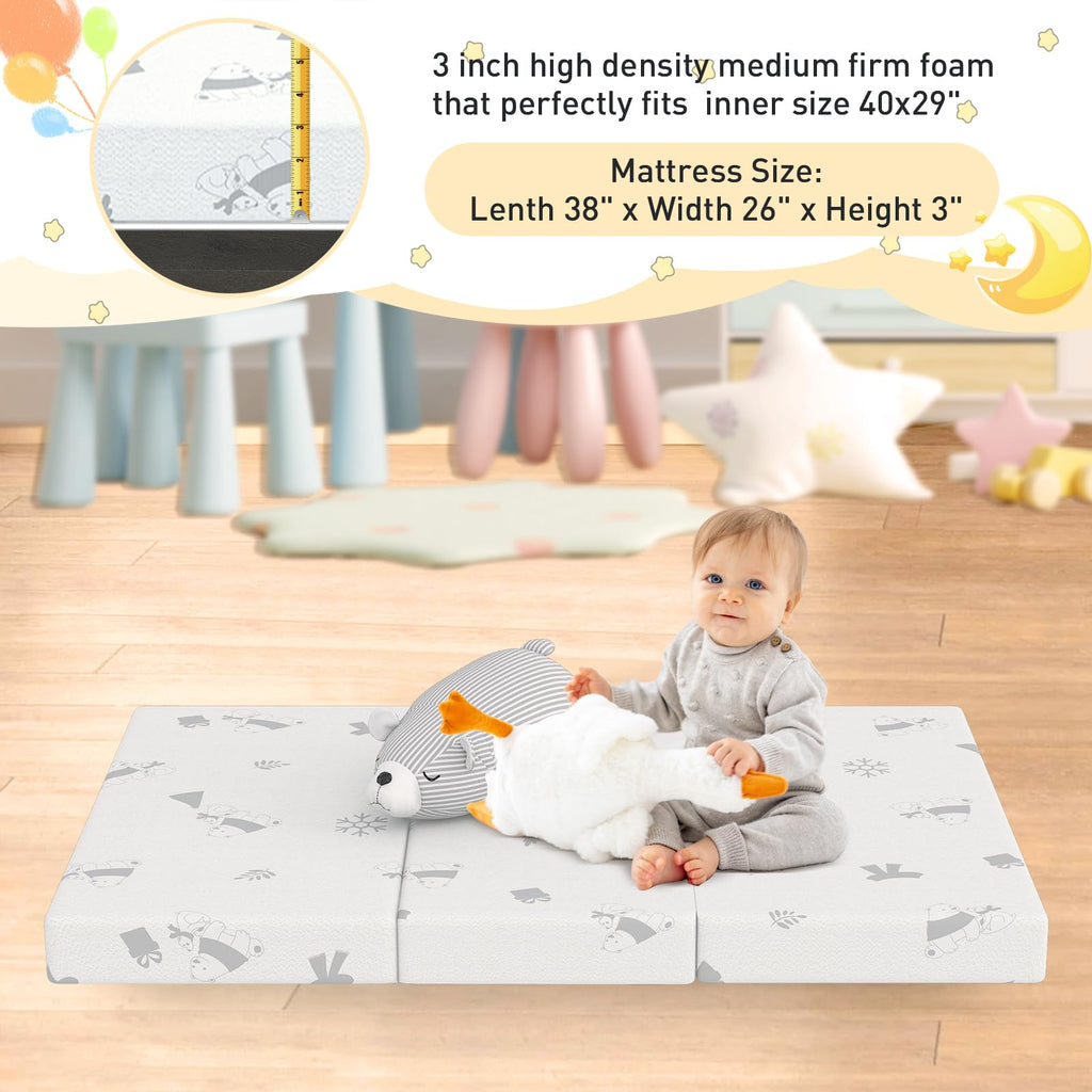 pareler bear 3"x26"x38" Trifold Mattress Topper, Waterproof Breathable Soft Removable Cover, Portable Mattress Pad with Carry Bag for Indoor & Outdoor Use, High Density Medium Firm Foam