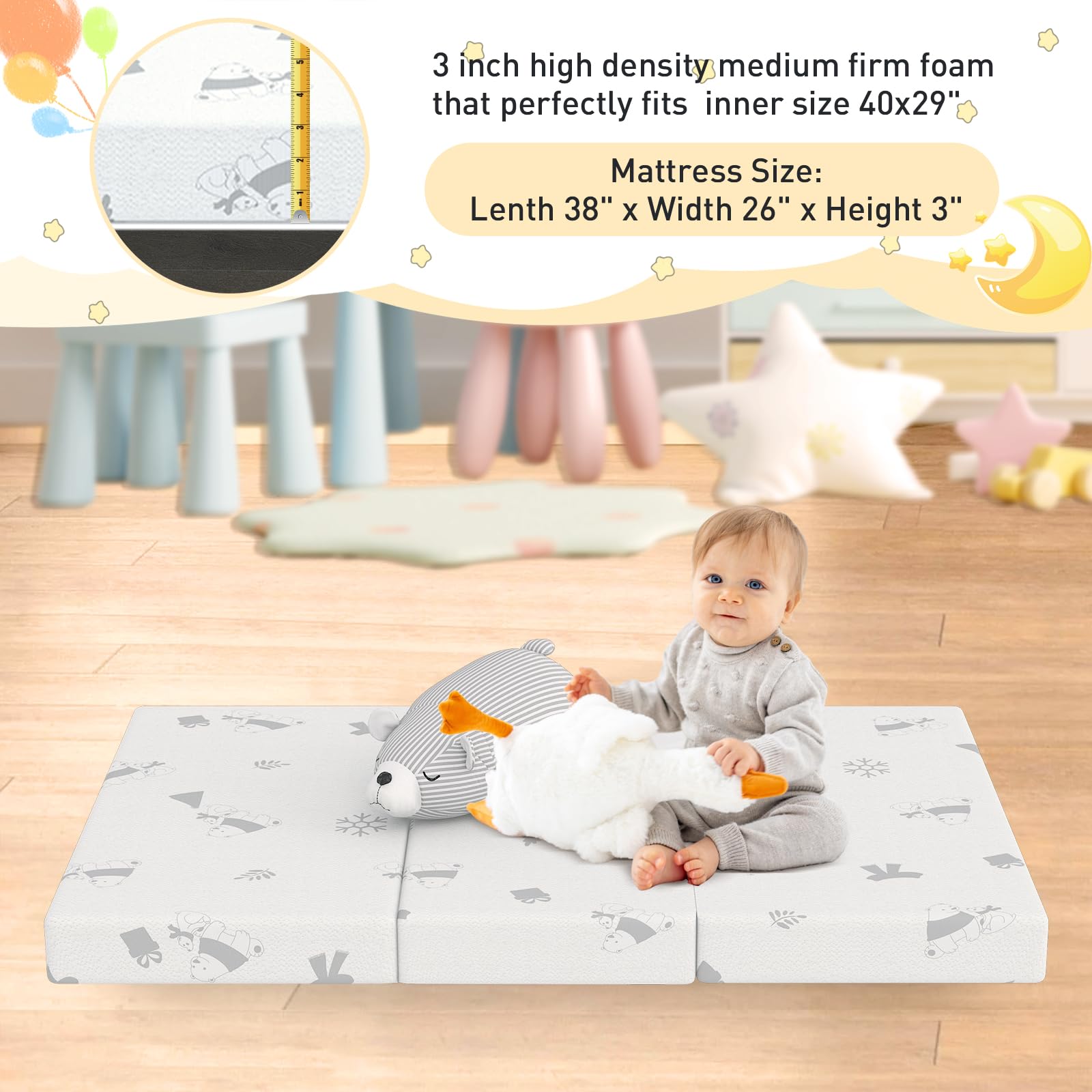 pareler bear 3"x26"x38" Trifold Mattress Topper, Waterproof Breathable Soft Removable Cover, Portable Mattress Pad with Carry Bag for Indoor & Outdoor Use, High Density Medium Firm Foam