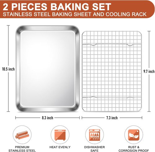 E-far Stainless Steel Baking Sheet Set - 10.5” x 8.3” Cookie Sheet with Cooling Rack | Non-Toxic & Dishwasher Safe