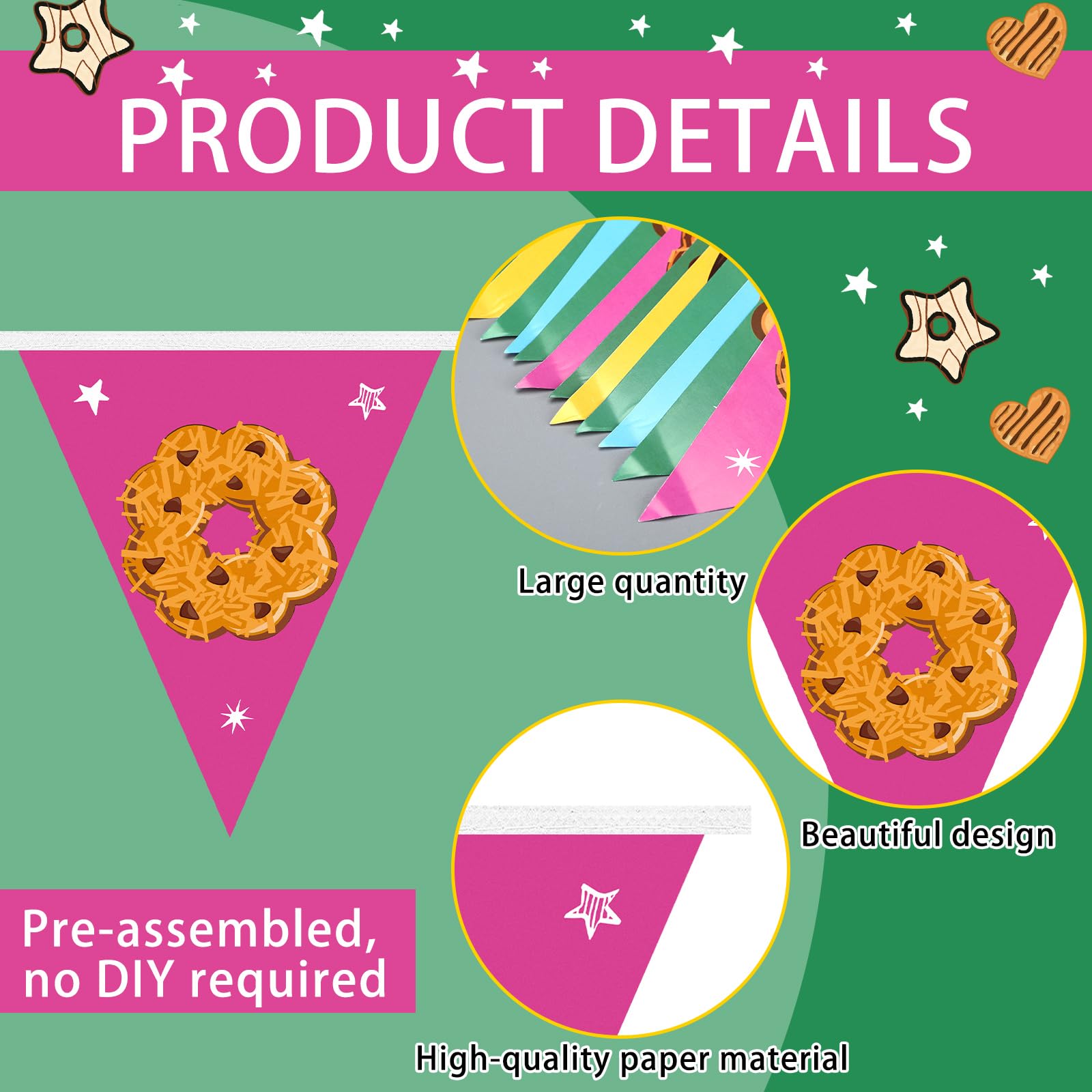 Gilprop 5 Pcs Cookie Triangular Flags Banner 9.84 ft Cookie Booth Banner for Street Theme Birthday Baby Shower