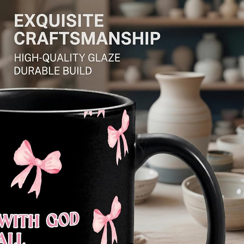 With God All Things Are Possible Christian Coffee Mug - 12oz Ceramic Mug, Black & Pink Variation