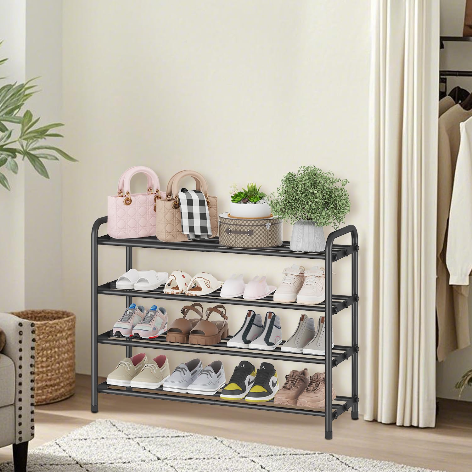 KANAV 4-Tier Expandable Shoe Rack – Adjustable Shoe Organizer & Shoe Storage for Closet, Entryway, and Front Door – Space-Saving Shoe Shelf and Rack Organizer for Home - Black