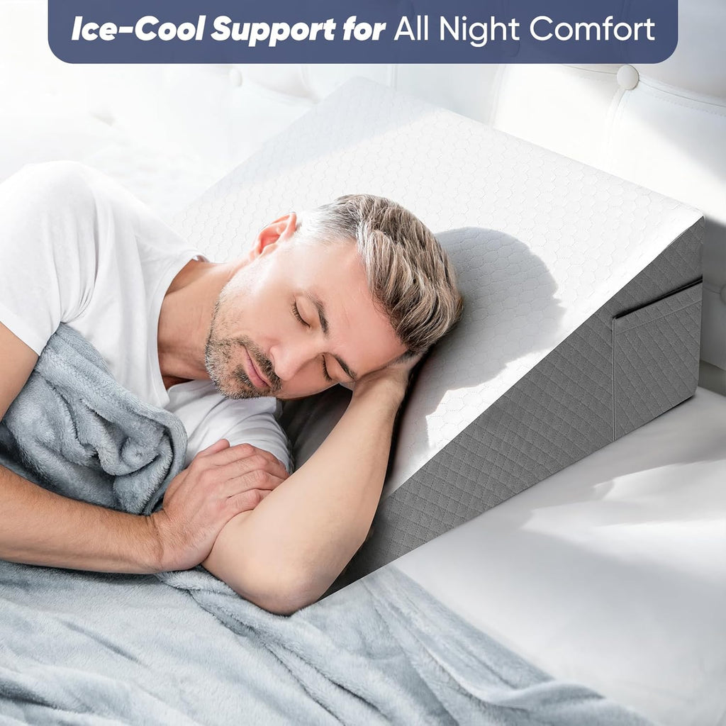 Skiennix Bed Wedge Pillow - 8 Inch Incline for Back Support & Leg Elevation | Cooling Memory Foam
