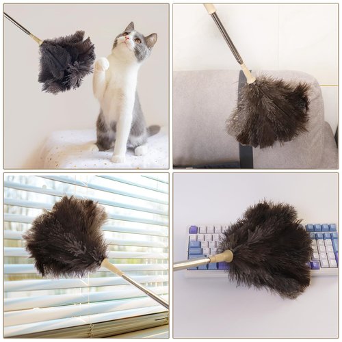 Aldwin Ostrich Feather Duster with Extension Pole Up to 43 inch, Genuine Fluffy Natural Reusable Handheld Feather Dusters for Cleaning Supplies, Washable, Car, Office, Desk, Blinds