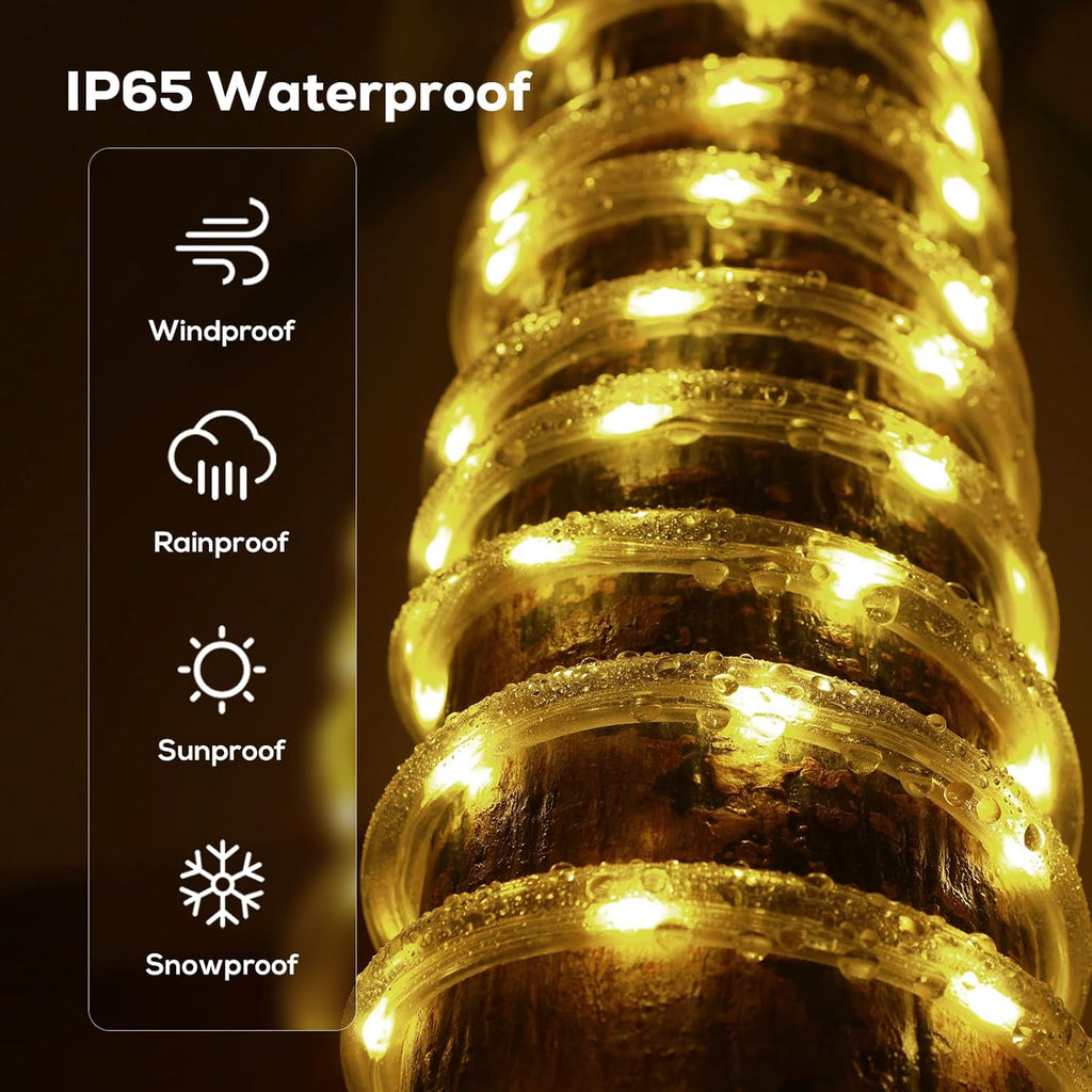 Skiennix 100FT LED Rope Lights - Waterproof Outdoor Lighting with Remote, 8 Modes & 4 Brightness Levels | Warm White for Garden & Patio Decor