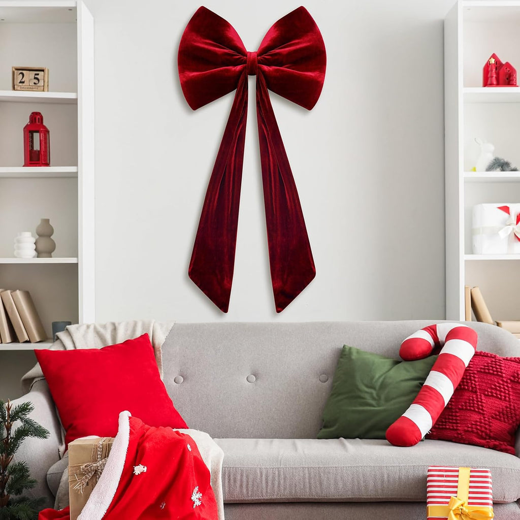 Skiennix Large Velvet Red Bow - 40x18 Inch Giant Tree Topper Ribbon | 3D Wall Decor for Parties & Events (Wine Red)