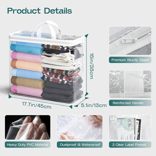 Clear Zippered Storage Bags by 5PACK - 22L for Clothes, Bedding, Blankets & More | White