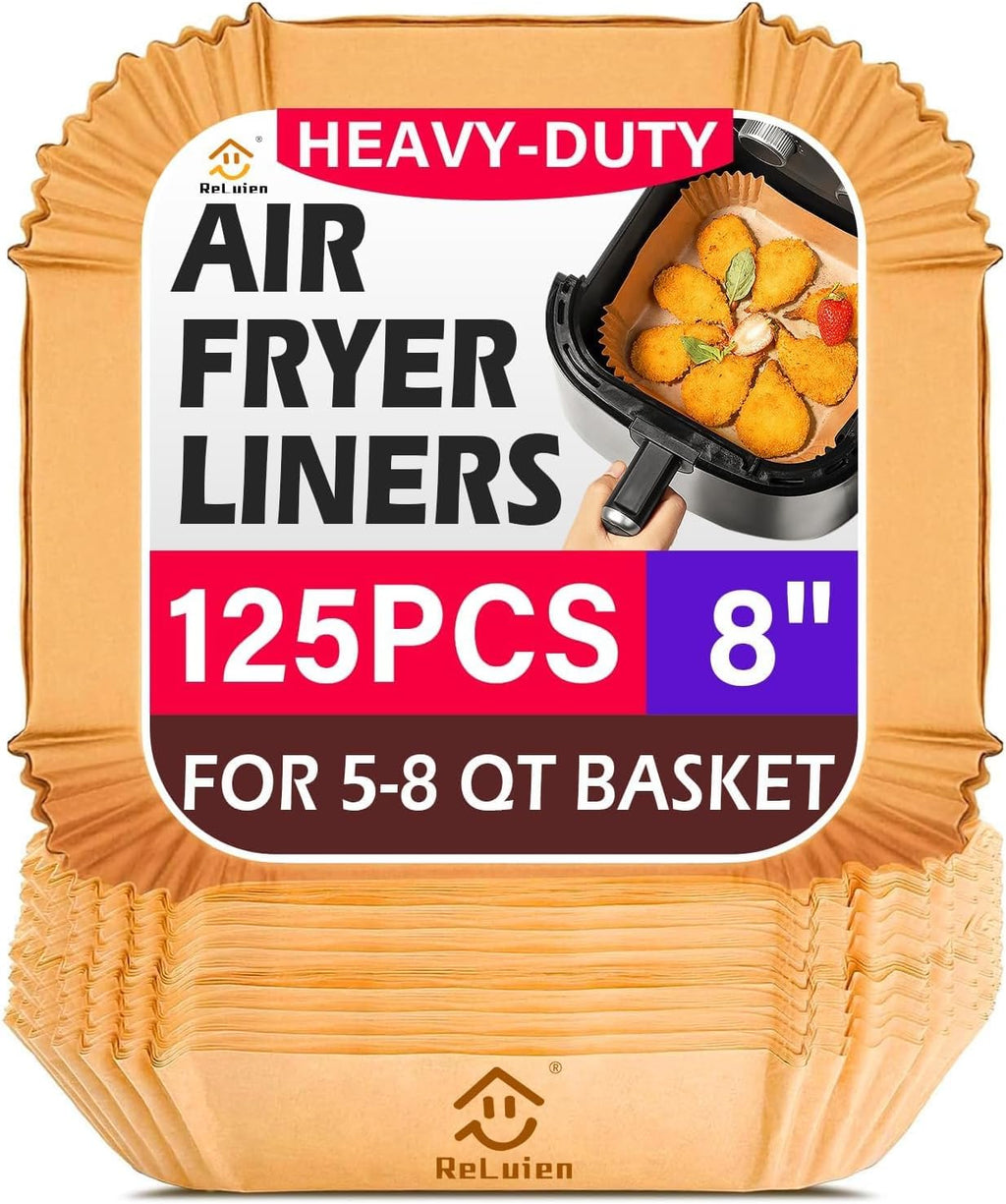 Air Fryer Liners | 125 Pcs Unbleached Non-Stick Parchment Paper | 8 Inch Square for 5-8QT Air Fryers