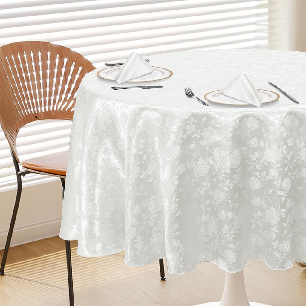 Cobedzy White 60" Round Satin Tablecloth, Jacquard Stain Resistant Table Cloths Wrinkle Free Tablecloth, Silkly Soft Table Cover for Dining Room/Party/Wedding/Banquet/Events