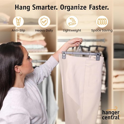 Hanger Central 12 Inch Slim Plastic Pants Hangers - Heavy Duty Non-Slip Clips for Skirts & Shorts | 12 Pack - Black