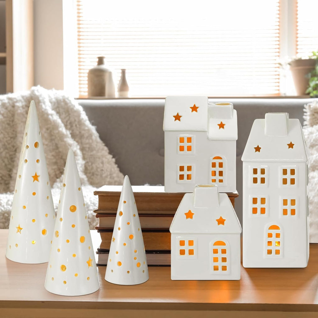 Newtay Ceramic LED Christmas Village Set - 3 LED Houses & 3 Porcelain Trees | White Decor for Tabletop & Mantel