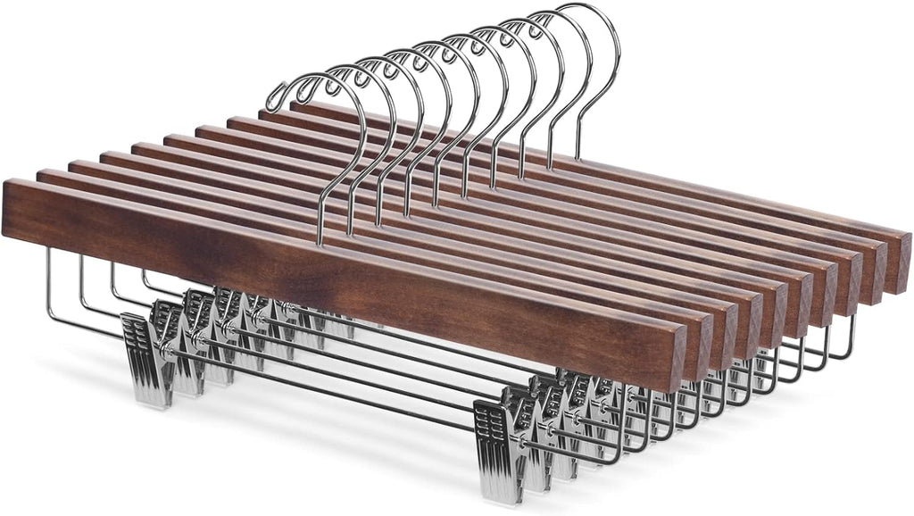 Nature Smile Wooden Trousers Hangers with Clips - 10 Retro Style Pants Holders